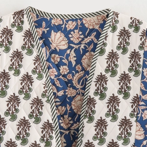 Women's reversible quilted floral print jacket with vintage patterns and high collar
