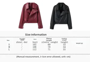 Guide des tailles pour veste en cuir femme style motard avec mesures de poitrine et manche