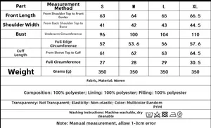 Size chart for women street fashion printed jacket with measurements for S to XL