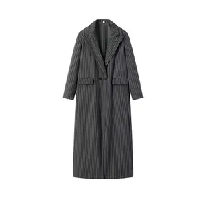 Women Elegant Pinstripe Long Coat Notched Lapel Double Breasted Loose Woven Polyester Overcoat For Autumn Winter Office Lady