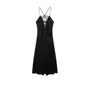 Robe Longue Maxi en Satin Noir Sexy pour Femme avec Dentelle Col en V Bretelles Spaghetti Dos Nu Coupe Ajustée Soirée