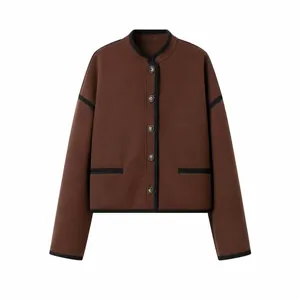 Women's Street Fashion Woolen Jacket Single Breasted Color Block Long Sleeve Stand Collar Coffee Fall Winter Casual Coat