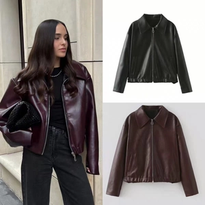 Women's faux leather biker jacket with lapel collar and zip closure in black and wine red