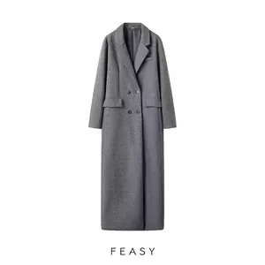 Classic grey double-breasted long wool coat with notch lapels and side flap pockets