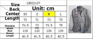 Size chart for washed denim jacket showing measurements for XS, S, M, L sizes