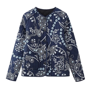 Women's paisley print quilted jacket with button-down front and large utility pockets
