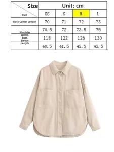 Size chart for casual denim jacket including measurements for XS to L in centimeters