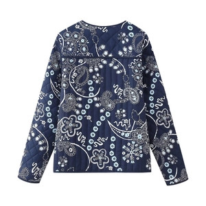 Back view of navy quilted paisley floral jacket with round neck and diamond stitching