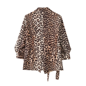 Women's leopard print blazer with stylish back tie detail and chic cinched sleeves