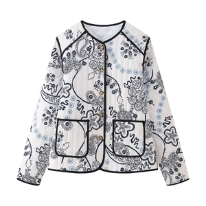 Women's quilted paisley floral jacket with vintage gold buttons and contrast piping