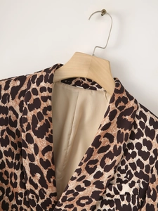 Macro shot of leopard print blazer with classic notch lapels and smooth beige lining