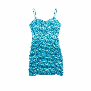 Robe Mini Sexy Plissée À Bretelles Spaghetti Imprimé Géométrique Sans Manches Bodycon Été Vacances Coupe Ajustée Robe