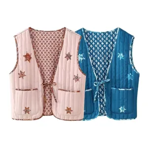 Damen Reversible Gesteppte Baumwollweste V-Ausschnitt Schnürung Sternenmuster Blumenfutter Ärmellose Gilet Casual Streetwear