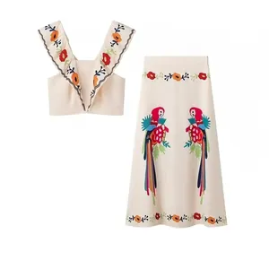 Polyester Floral Parrot Printed Top And Bottom Women V-Neck Ruffle Crop Top And Midi Skirt Summer Vacation Casual Co-ords