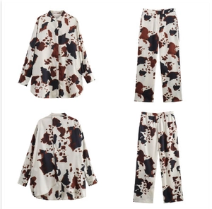Detailed four-grid view showing animal print shirt and matching trousers set