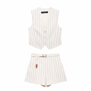 Women's chic striped vest and shorts set with woven belt in cream and red stripes
