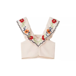 Women's summer beige crop top with vibrant floral embroidery and ruffle shoulder straps