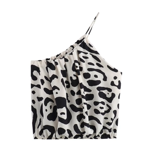 Damen Leopardendruck Einschultriges Crop Top Und Weites Bein Hose Schwarz Weiß Tiermuster Böhmischer Urlaub Top Und Hose