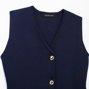 Sleeveless navy blue rib-knit vest for women with V-neck and golden button accents