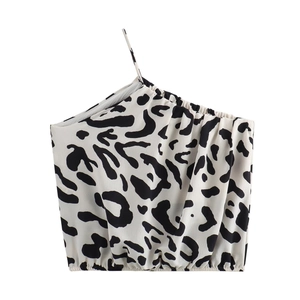 Damen 2024 Herbst Leopard-Print One-Shoulder-Crop-Top mit elastischem Saum in Schwarz-Weiß