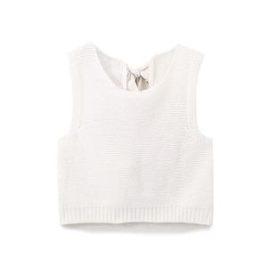Top corto in maglia bianca senza maniche con fiocco in raso sul retro e bordo a coste