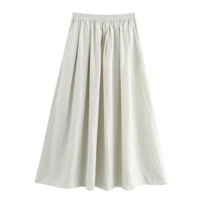 Jupe midi trapèze blanc cassé pour femme avec taille élastique et poches, style urbain chic