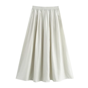 Jupe mi-longue évasée crème à taille haute élastique avec plis élégants pour femmes