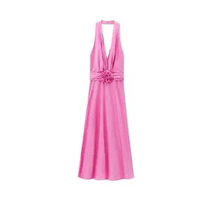 Robe Maxi Élégante en Satin pour Femme avec Dos Nu et Fleur 3D Col en V Profond Sans Manches Coupe Ajustée Robe de Soirée