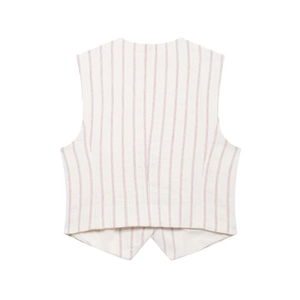 Back view of women's white slim-fit waistcoat with classic red vertical stripes