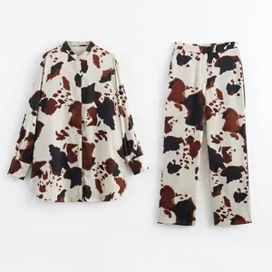Women's Casual Cow Print Long Sleeve Button Down Shirt And Straight Leg Trousers Fashion Top And Bottom Outfit Streetwear
