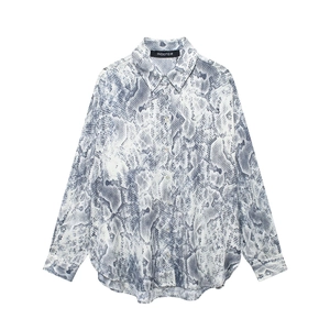 Women's blue snakeskin print long sleeve shirt in smooth chiffon with button-down front
