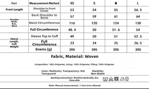 Detailed size chart for women animal print jacket with material and washing instructions
