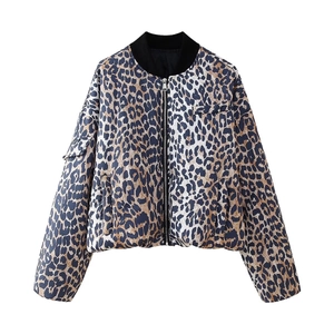 Women's leopard print zip-up baseball jacket with ribbed collar and utility sleeve pocket