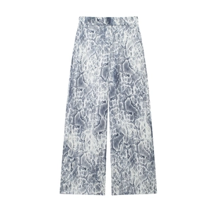 Women's high waist wide leg pants featuring a stylish grey and white snake skin print