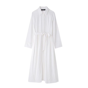Detail of white long sleeve shirt dress featuring classic collar and tie waist belt