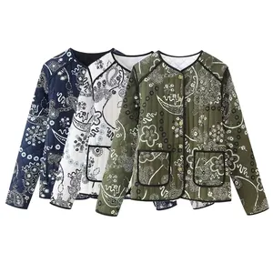Quilted paisley jacket for women in navy, white, and olive green with button closure