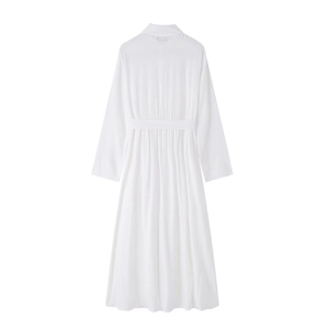 Elegant white long sleeve shirt dress back view with high collar and drawstring waist