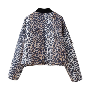Back view of a leopard print bomber jacket with black ribbed collar and relaxed fit