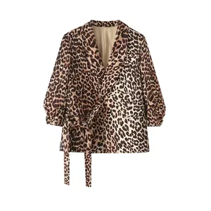 Women Fashion Leopard Print Belted Blazer Elegant Notched Lapel Puff Sleeve Slim Fit Sexy Suit Jacket Top For Party