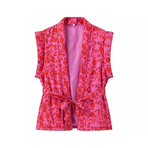 Pink sleeveless vest jacket with red floral embroidery and matching tie waist belt