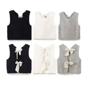 Gilet in Maglia da Donna con Fiocco Schiena Scoperta Top Senza Maniche Tinta Unita Streetwear Moda Casual