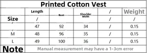 Tableau des tailles pour gilet en coton imprimé femme avec mesures de buste et longueur