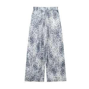 Chic grey snake print wide leg trousers with elastic waist and comfortable loose fit