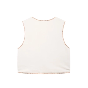 Gilet bianco senza maniche con cuciture rosa a contrasto e ricami a specchio