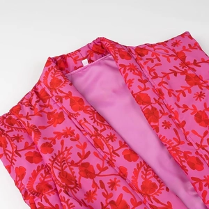 Women's autumn pink fashion vest with vibrant tropical floral print and shawl lapel