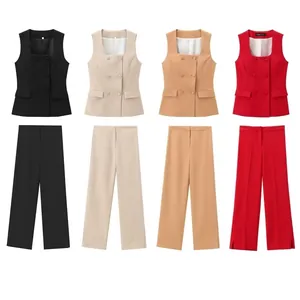 Completo Casual da Donna Business Doppiopetto Scollo Quadrato Gilet Senza Maniche Pantaloni a Gamba Dritta Abbigliamento da Lavoro Professionale Top Bottom