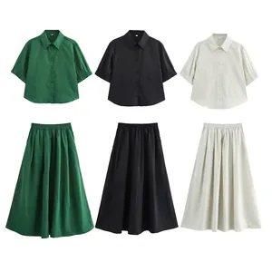 Femme Élégante Jupe Midi Plissée en Mousseline Ou Haut à Boutons Manches Courtes Couleur Unie Vêtement Mode Décontracté Street Style
