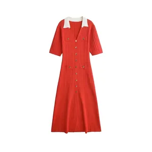 Robe Midi Élégante en Tricot à Manches Courtes pour Femmes Col Polo Contrasté Blanc Robe Moulante à Côtes Rouge