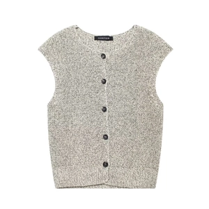 Detail of single-breasted knitted vest with five buttons and grey-white mixed weave texture