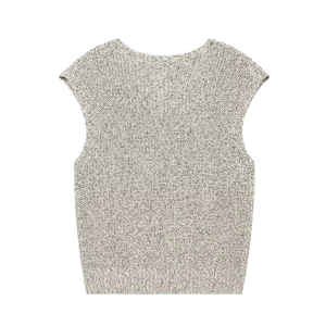 Women's minimalist knitted vest in grey marl pure cotton with ribbed hem and crew neck
